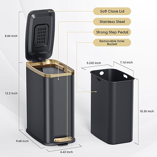 CEROELDA Small Bathroom Trash Can with Lid Soft Close-5L/1.3 Gal Slim Garbage Can-Metal Step Wastebasket-Rectangle Narrow Waste Bin for Office, Bedroom, Toilet, Live Room-Black