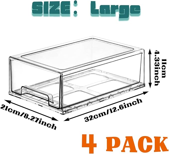 PeJeyiee 4 Pack Clear Stackable Refrigerator Organizers and Storage Drawers - Pull-Out Fridge Bins with Anti-Slip Base & Easy Clean, Plastic Organizers for Kitchen Pantry Cabinet Closet (Large)