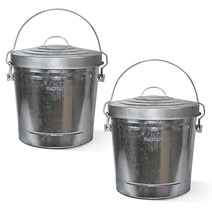 Plexon 6 Gallon Small Metal Trash Can with Locking Lid Galvanized Metal Bucket with Lid for Poultry Feed Bird Seed Storage Ash Outdoor Garbage Trash Bin 2 Pack