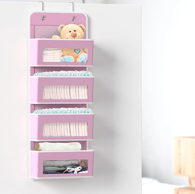 Simple Houseware 4 Clear Window Pocket Over Closet Door Storage Hanging Organizer for Bedroom, Bathroom, Pantry, Pink