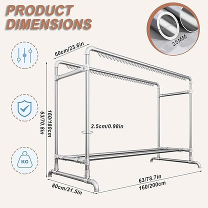 Clothes Drying Rack with Windproof Hooks, 63 inch Drying Rack Clothing Indoor Outdoor, Free Standing Metal Clothes Rack