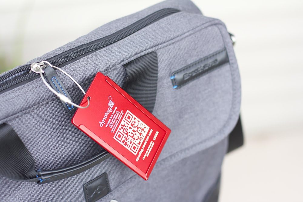 Dynotag® Web Enabled Smart Aluminum Convertible Luggage ID Tag + Braided Steel Loop, with DynoIQ™ & Lifetime Recovery Service (Ruby Red)
