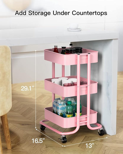 Pipishell 3-Tier Metal Rolling Utility Cart, Heavy-Duty Storage Cart with 2 Lockable Wheels, Multifunctional Mesh Organization Cart for Kitchen Dining Room Living Room (Pink)