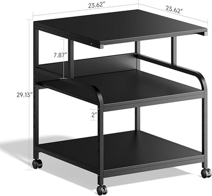 Printer Stand, 24''×24''×29'' Large Printer Table for Home Office with Locking Casters, Heavy Duty Sturdy 3-Tier Rolling Cart with Adjustable Shelf, Mini Fridge Stand, Home Office Essentials, Black