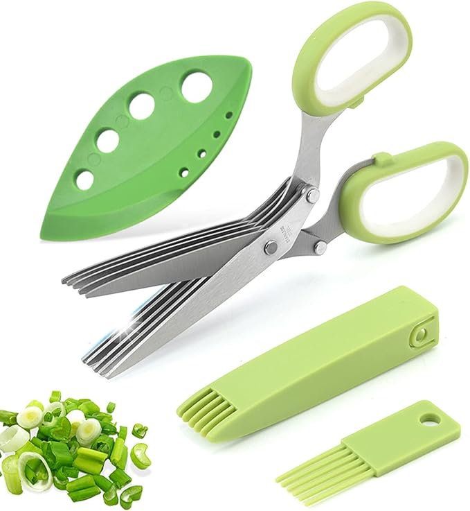 Herb Scissors Set,Multipurpose 5 Blade Kitchen Herb Cutter with Safety Cover and Cleaning Comb for Cutting Shredded Lettuce, Cilantro Fresh, Green Onion Fresh and etc.