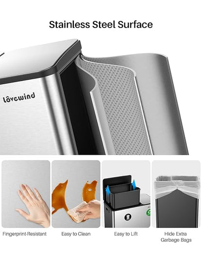 Dual Trash and Recycling Bins for Kitchen, 13.2 + 5.2 Gal (50+20L) Stainless Steel Trash and Recycle Bin Combo with Soft-Close Lid, Large Garbage Cans for Kitchen Home with 2 Magnets Sticker, Silver