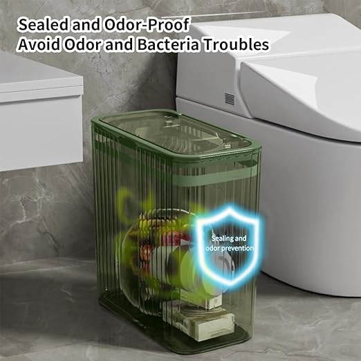 Transparent Trash Can, Bathroom Trash Cans with Lids, 3.5 Gallon Garbage Can for Bedroom, Office, Plastic Slim Waste Basket with Press Top Lid, 15L Clear Trash Bin for Home, Kitchen (Green)