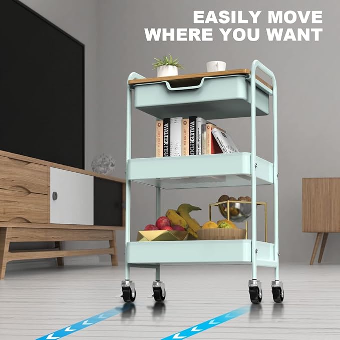 3 Tier Rolling Cart, Utility Cart with Drawer and Table Top, Metal Rolling Kitchen Storage Organizer Cart with Handle and Locking Wheels for Bathroom Office Balcony Living Room