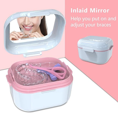 BVN Denture Bath Denture Case: Denture Cup for Soaking Dentures, Retainer Cleaner Case with Mirror, Mouth Guard Case, Aligner Case, Retainer Holder, Night Guard Case, False Teeth Container White