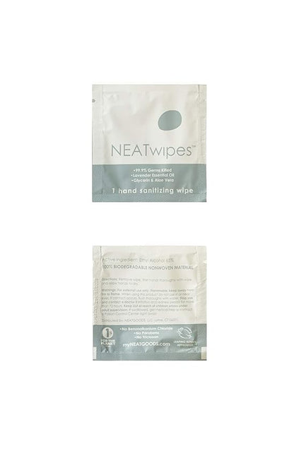 NEATwipes Hand Sanitizing Wipes | Travel Essentials | Disposable Wet Wipe & Planet Friendly | Lavender Essential Oil & Soothing Aloe | 10 Pouches of 24 Individually Wrapped Wipes