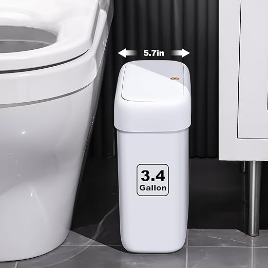 funest Bathroom Small Trash Can with Lid, 13 Liter/3.4 Gallon Slim Garbage Bin with Press Top Lid, White Wastebasket for Bedroom, Office, Kitchen, RV