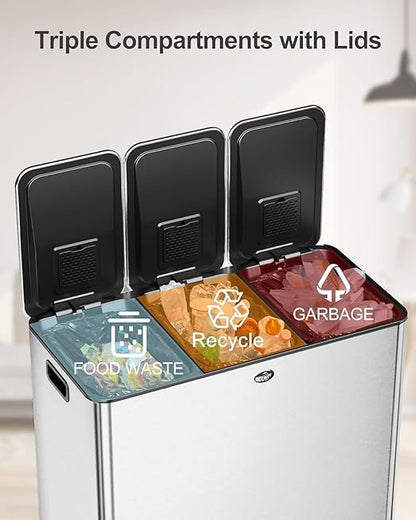 60L/15.9 Gal Gallon Three-Compartment Pedal Stainless Steel Kitchen Recycling Trash Can with Odor Seal, Hands-Free Foot Operated Waste Bin for Home, Office, Restaurant, School, Hospital