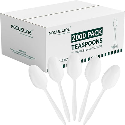 FOCUSLINE 2000 Pack White Plastic Spoons Bulk, Heat Resistant Disposable Teaspoons, Plastic Silverware for Take out Restaurants, Parties, Picnics, Travel & Any Events