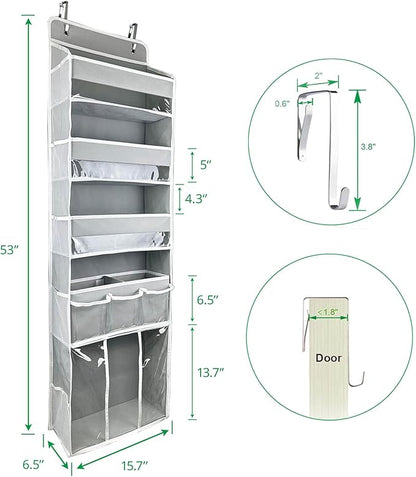 Door Hanging Storage Organizer,with 3 Bins 1 Movable Baby Diaper Caddy,1 Large capacity diaper stacking storage Organizer,10 Side Pockets ,Bedroom Door Storage for Nursery Baby Essentials.Grey 1 Pack.