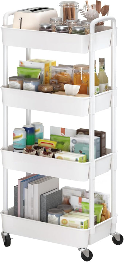 Sywhitta 4-Tier Plastic Rolling Utility Cart with Handle, Multi-Functional Storage Trolley for Office, Living Room, Kitchen, Movable Storage Organizer with Wheels, White