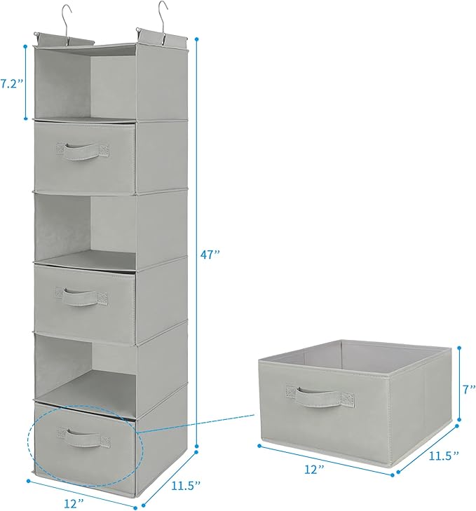 MAX Houser 6 Tier Shelf Hanging Closet Organizer, Closet Hanging Shelf with 2 Sturdy Hooks for Storage, Foldable (Light Grey-D3)