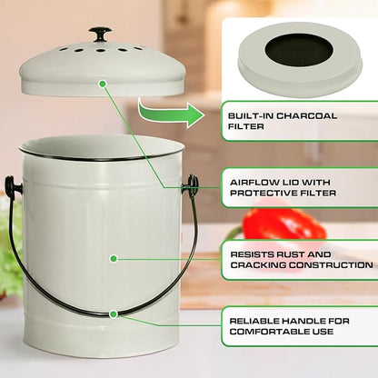 Plexon Countertop Compost Bin Kitchen Indoor with Lid, Off-White 1.5 Gallon Odorless Container, Steel Food Compost Bucket for Kitchen with Charcoal Filter, Compost Pail Countertop