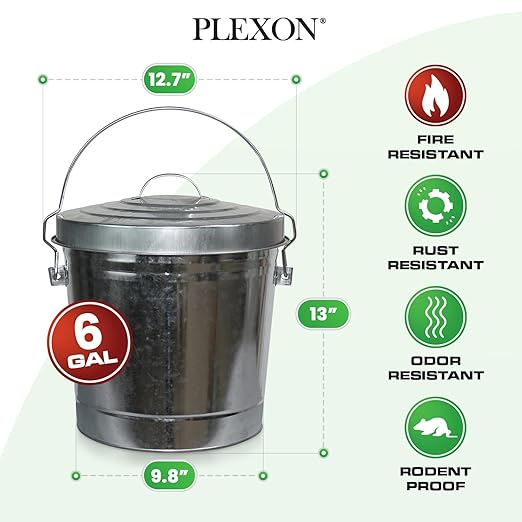 Plexon 6 Gallon Small Metal Trash Can with Locking Lid Galvanized Metal Bucket for Poultry Feed Bird Seed Storage Ash Outside Garbage Can with Lid, 3 Pack