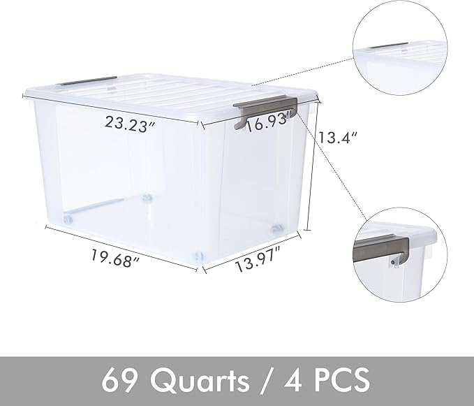 Citylife 69 QT Plastic Storage Bins with Latching Lids Stackable Storage Containers for Organizing Large Clear Storage Box for Garage, Closet, Kitchen, 4 Packs