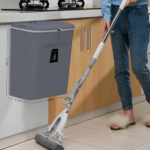 TOPROAD Kitchen Hanging Trash Can, 2.4 Gallon Wall Mounted Counter Waste Compost Bin, Small Garbage Can with Lid for Cupboard/Bathroom/Bedroom/Office/Camping/Under Sink(Grey)