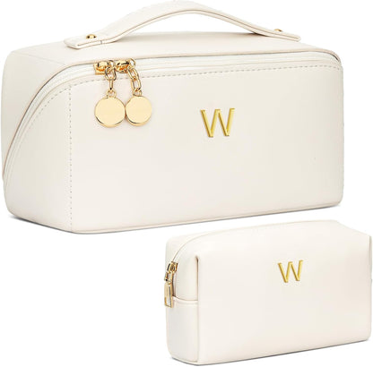Birthday Gifts for Women Teen Girl, Personalized Initial Makeup Organizer Bag Set, Open Flat Travel Cosmetic Bag With Clear Divider and Handle(Beige,W)