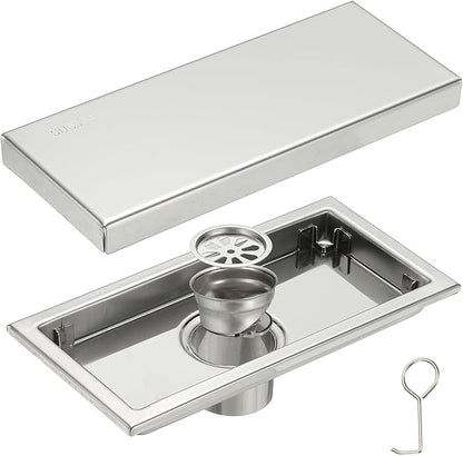 uxcell Rectangular Shower Drain, Brushed 304 Stainless Steel Odor-Proof Floor Drain Linear Shower Drain Hair Catcher for Bathroom Kitchen and Laundry Room(8 Inch, Bright Silver)