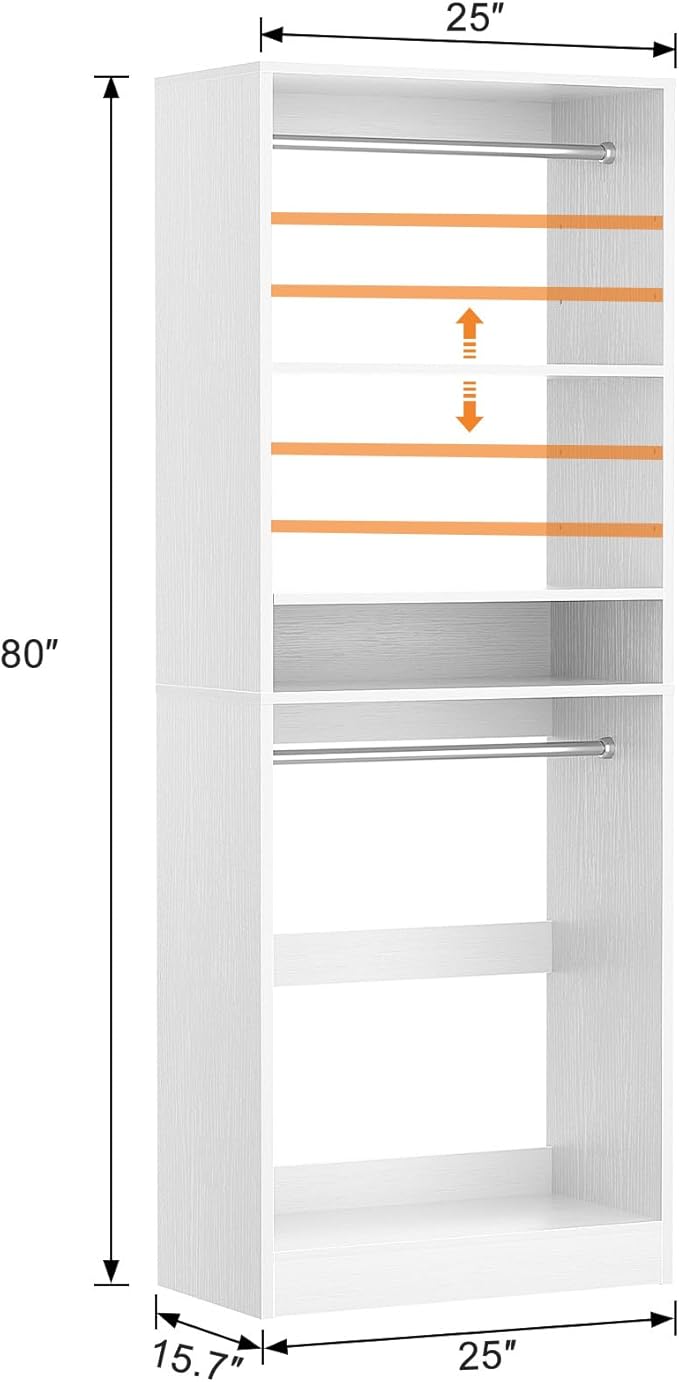 Unikito Freestanding Closet System, 25” Closet Organizer Wardrobe with Hanging Rods & Shelve, Adjustable Clothes Garment Rack, Sturdy Walk in Closet Tower, Easy Assembly, 25" W x 16" D x 80" H, White