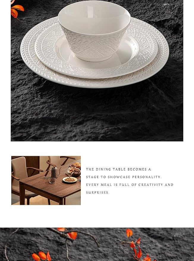 4-piece set, embossed design plate and bowl set, microwave and dishwasher