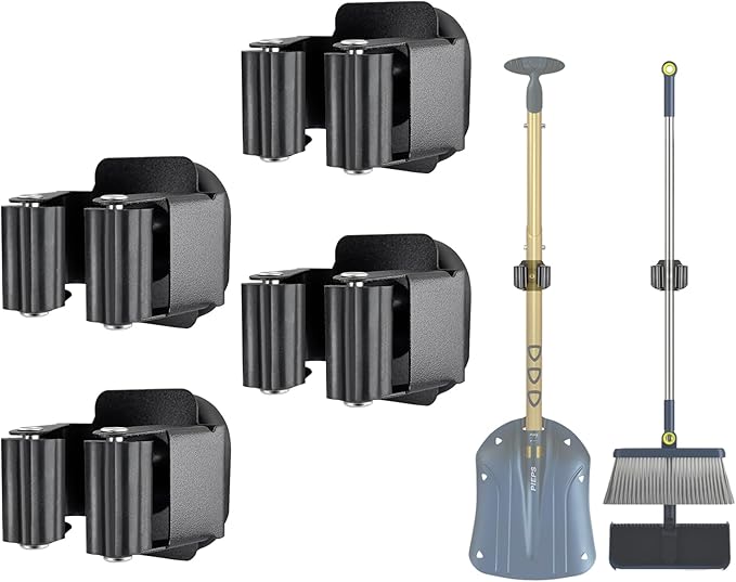 Upgraded Magnetic Broom and Mop Holder Wall Mount, Space-Saving Heavy Duty No Drill Over the Door Broom Gripper RV Camper Wall Organizer,Black,4 Pcs