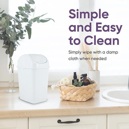 Superio Mini Desktop Trash Can with Swing Top Lid Portable Plastic Garbage Can for Countertop, Desktop, Make up Vanity, Bathroom, Car, Under Sink, Dorm, Compact Waste Bin 5 L 1.25 Gal (2, White)