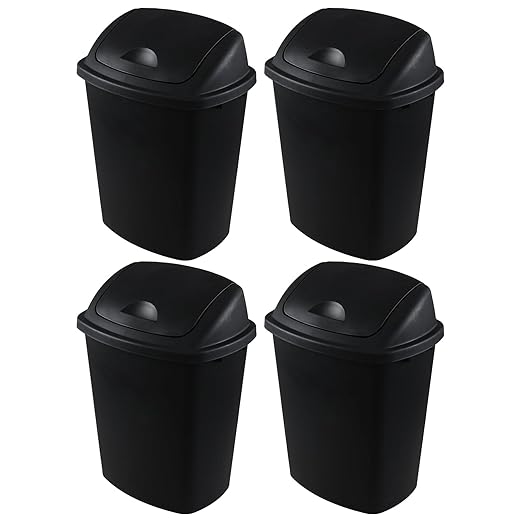 4 Pack Plastic Swing-Top Trash Can, 10 Gallon Plastic Kitchen Trash Can with Swing Lid, Black