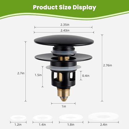 Universal Bathroom Sink Drain Strainer Hair Catcher Upgraded with Removable Stainless Steel Filter Basket, 2 in 1 Pop Up Sink Stopper for 1.1''~2.36'' Sink Basin Hole, Big Cover Cap, Matte Black