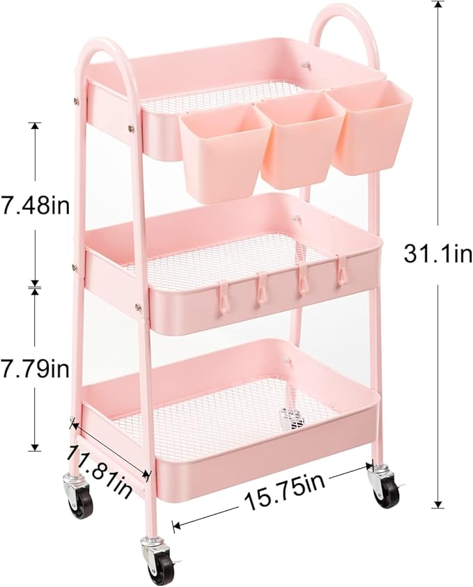 Danpinera 3-Tier Rolling Cart, Metal Storage Cart with Lockable Wheels, Hanging Cups & Hooks, Mobile Trolley for Kitchen, Bathroom, Office, Workshop, Pink
