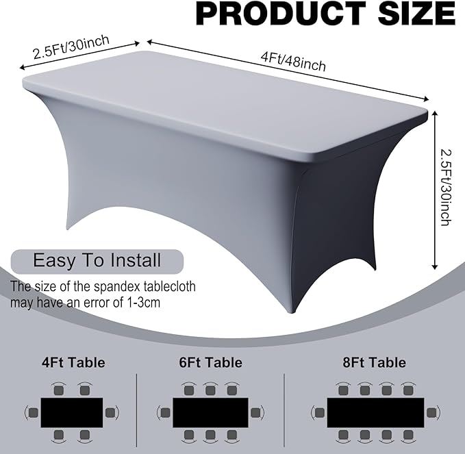 Trlyc 1 Pack 4FT Spandex Table Cloth - 48 x 30 Inch Rectangular Stretch Tablecloth, Wrinkle Resistant Scretch Table Cover for Wedding, Party, Banquet, Picnic, Outdoor Decoration (1Pcs,Grey)
