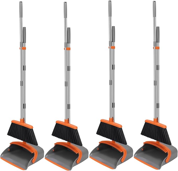 NACENA Broom and Dustpan Set, 52-in Long Adjustable Handle Broom Dustpan Combo with Dustpan Teeth to Automatically Clean Hair Suitable for Home Kitchen Office Hall Floor (Grey&Orange), 4 Pack