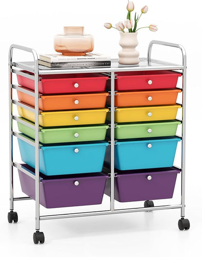 GOFLAME 12-Drawer Rolling Storage Cart, Multipurpose Organizer Cart with 2 Sizes Plastic Drawers, Mobile Utility Cart with Lockable Casters for School, Home Office, Beauty Salon, Multicolored