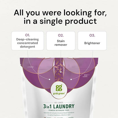 Grab Green 3-in-1 Laundry Detergent Pods, 132 Count, Vetiver Scent, Plant and Mineral Based, Superior Cleaning Power, Stain Remover, Brightens Clothes