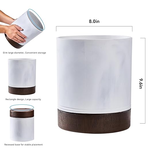 Polytree White Marble and Brown Wood Round Wastebasket, Resin Small Round Bathroom Trash Can 2.5 Gal(9 Liter) Small Kitchen Garbage Can,Living Room Bedroom Trash Can, Decor Wastebasket for Home Office