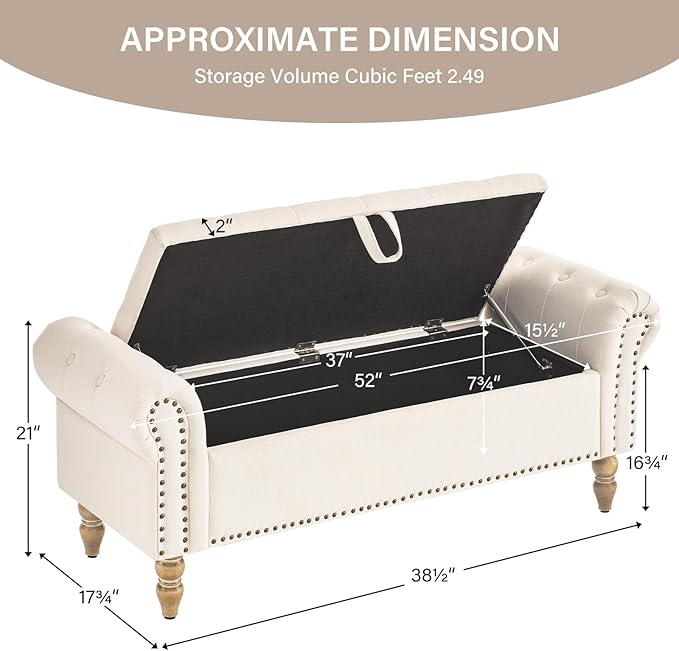 Furnimart Storage Bedroom Bench for End of Bed, Faux Linen Upholstered Storage Ottoman with Rolled Arms for Bedroom,Living Room, Entryway, 2.5Cubic Feet