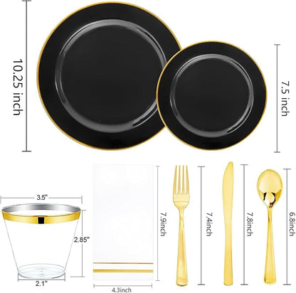 SUT 175 Piece Black and Glod Plastic Dinnerware Set