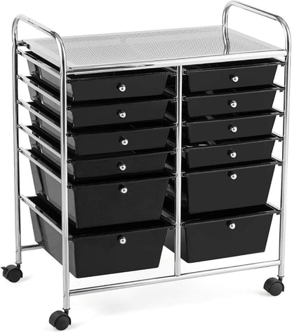 GOFLAME 12-Drawer Rolling Storage Cart, Multipurpose Organizer Cart with 2 Sizes Plastic Drawers, Mobile Utility Cart with Lockable Casters for School, Home Office, Beauty Salon, Black