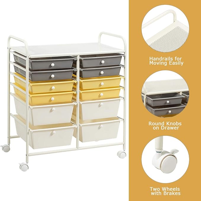 GOFLAME 12-Drawer Rolling Storage Cart, Multipurpose Organizer Cart with 2 Sizes Plastic Drawers, Mobile Utility Cart with Lockable Casters for School, Home Office, Beauty Salon, Yellow
