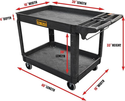 Utility Service Cart, 2-Shelf 500LBS Heavy Duty Plastic Rolling Utility Cart with 360° Swivel Wheels, Lipped Shelves, Ergonomic Storage Handle for Warehouse/Garage/Cleaning/Manufacturing