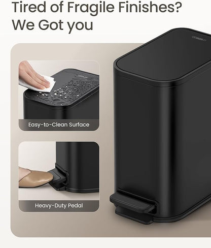 Cesun Small Bathroom Trash Can with Lid Soft Close, Step Pedal, 5 Liter / 1.3 Gallon Stainless Steel Garbage Can with Removable Inner Bucket, Waste Basket for Bathroom, Bedroom (Matte Black)