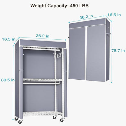FUTASSI White Clothing Rack with Grey Cover, P1C Rolling Closet Rack with Wheels, Metal Garment Rack for Hanging Clothes, Clothing Storage Wardrobe, 36.2" W x 16.5" D x 80.5" H, Load 450 Pounds