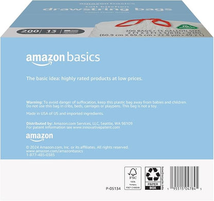 Amazon Basics 13 Gallon Tall Kitchen Drawstring Trash Bags, Clean Fresh Scnet, 10% Post Consumer Recycled, 200 Count