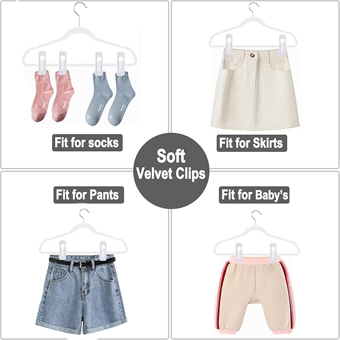 White Velvet Hangers Clips 40 PCS, Pants Hangers Velvet Clips Easily Add to Velvet Hanger, Skirt Suit Pants Clothes Velvet Hangers, Baby Kids Hangers Clips