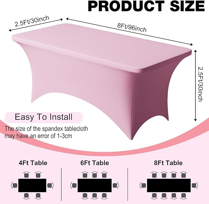 Trlyc 2 Pack 8FT Spandex Table Cloth - 96 x 30 Inch Rectangular Stretch Tablecloth, Wrinkle Resistant Scretch Table Cover for Wedding, Party, Banquet, Picnic, Outdoor Decoration (2Pcs,Pink)