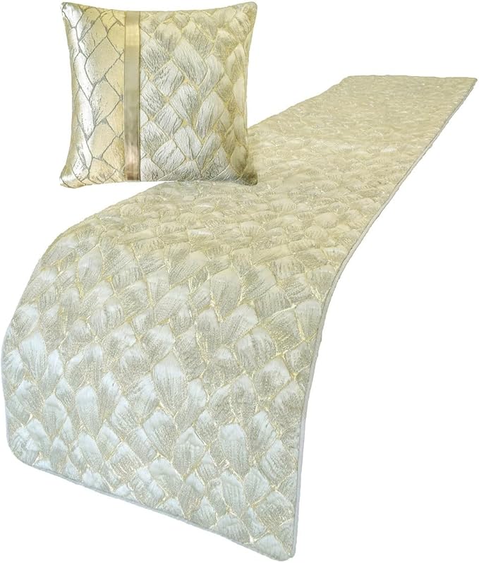 The HomeCentric King/Queen/Twin Ivory & Gold Designer King 90"x18" Bed Runner with Pillow Cover, Patchwork, Quilted, Jacquard Foil Bed Scarf on Jacquard Fabric - Spinzar