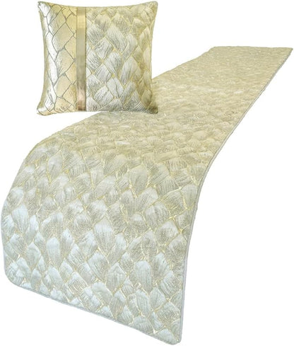 The HomeCentric King/Queen/Twin Ivory & Gold Designer King 90"x18" Bed Runner with Pillow Cover, Patchwork, Quilted, Jacquard Foil Bed Scarf on Jacquard Fabric - Spinzar